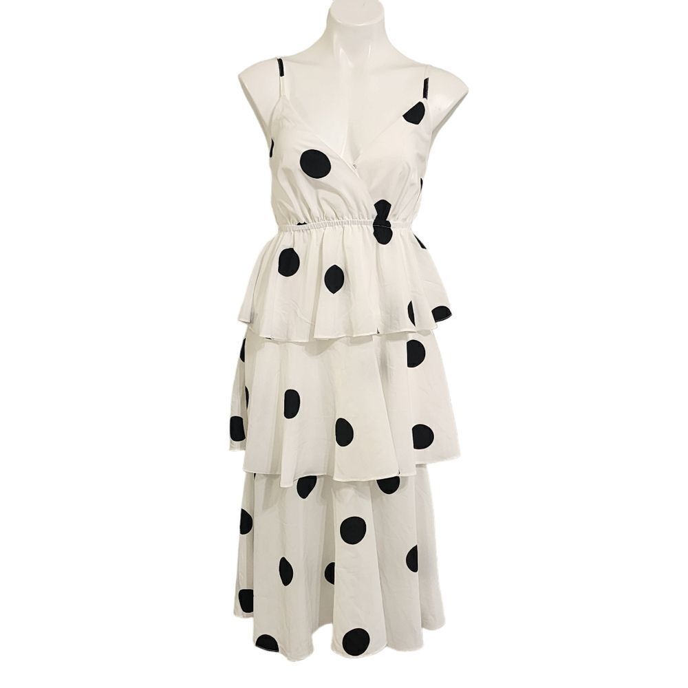 O.P.T.  dress white & black polka-dot tiered midi S NWT